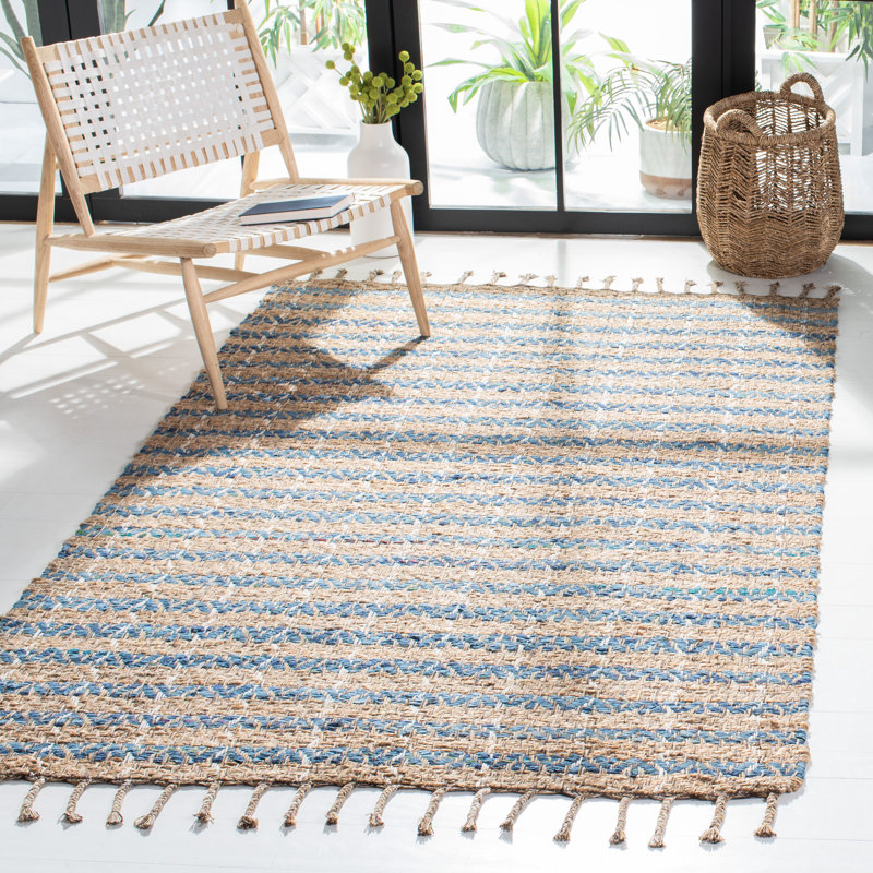 Handmade Blue Stripe Square Jute Area Rug 6'