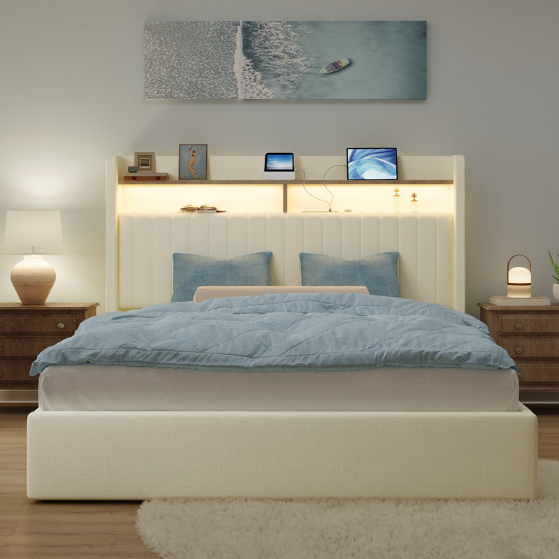 Hydraulic Lift Up Storage Upholstered Platform Wingback LED Bed With 2-Tier Shelves And Charging Station, Full, Cream