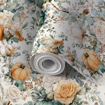 Papier peint adhésif peler et coller en PVC, revêtement mural auto-adhésif amovible avec impression de tissu floral aquarelle Cottagecore Spring Garden, imperméable pour la décoration intérieure - Rouleau