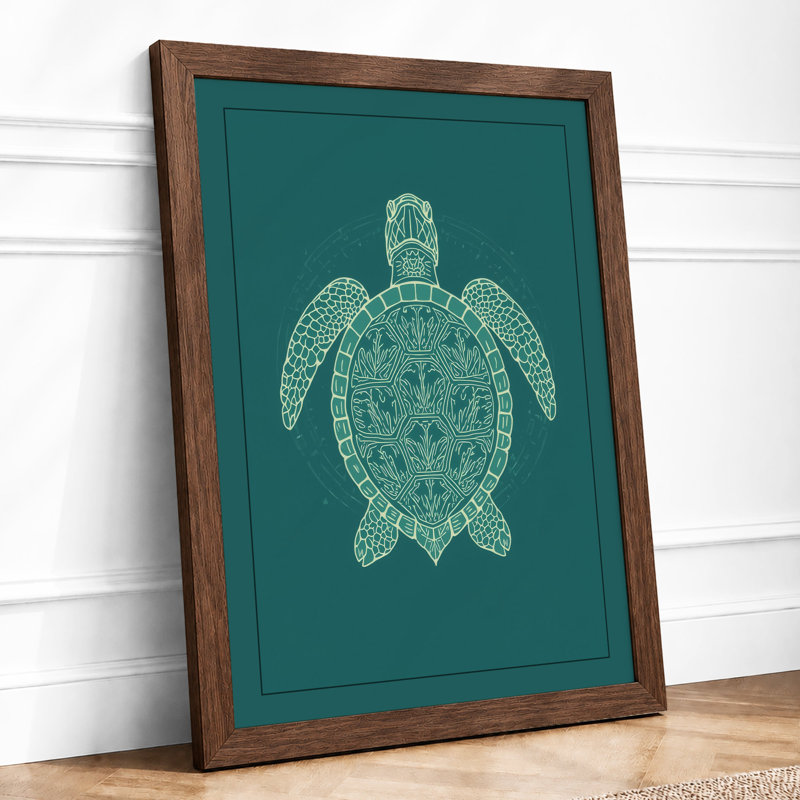Drifting Turtle Japandi - Framed Print, A2 - 59.4 x 42.0 cm, Walnut