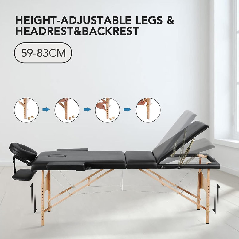 Braley Massage Table Portable Spa Lash Bed 3 Fold with Hard Beech Legs Carrying Bag for Tattoo Eyelash