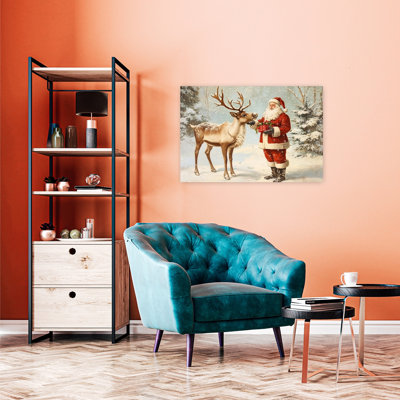 Santa And Reindeer Gift Classic Traditional Vintage Deer Forest Winter Wall Art Print 1 Piece Wrapped Canvas Wall Art