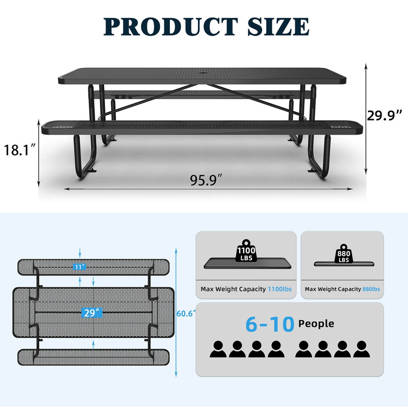 96" Rectangular Picnic Tables Black, Black