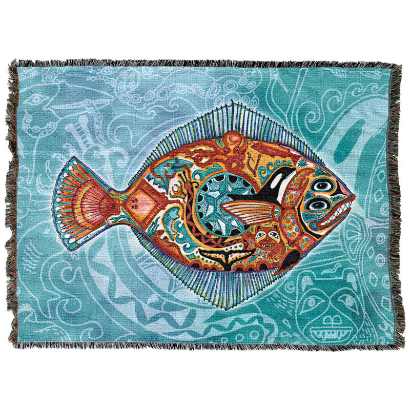 Pure Country Weavers Halibut - Totem des esprits animaux par Sue Coccia - Couverture en tapisserie tissée en coton - Fabriqué aux États-Unis (72x54)