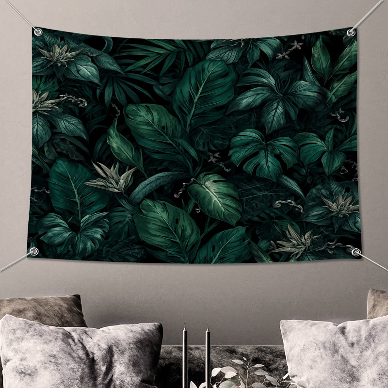 Tapisserie murale feuilles de verdure tropicales - décoration murale feuillage, H 50 po x l 60 po avec 4 œillets