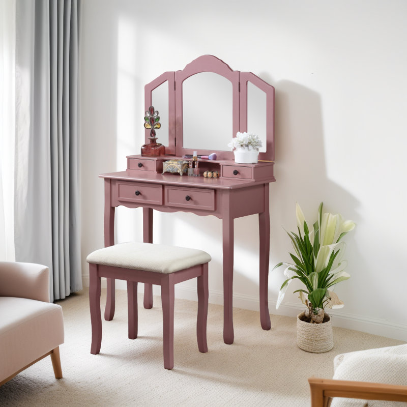 Ensemble coiffeuse et tabouret en bois Sanlo, Or rose