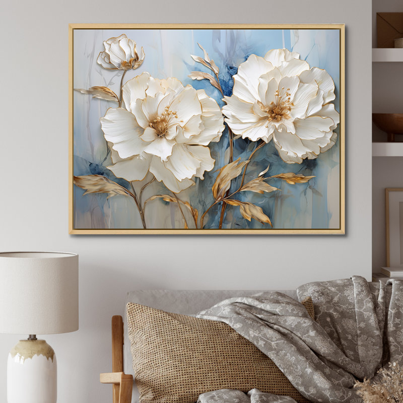 Minimalisme, œillets blancs sur toile, Cadre naturel flottant, 12" H x 20" W