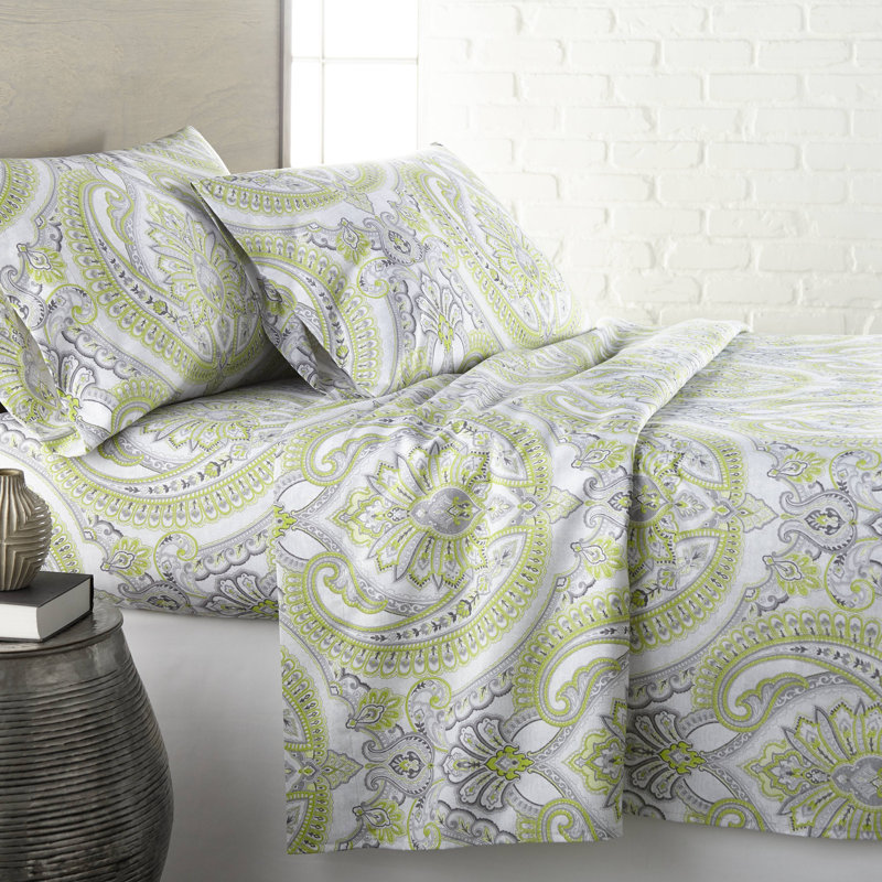 Ensemble de draps South Melody Linens Pure, Très grand californien, Blanc/taupe, Paisley