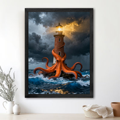 Black Framed Vintage The lighthouse entangled by octopus monsters Wall Art Retro Style Framed Prints
