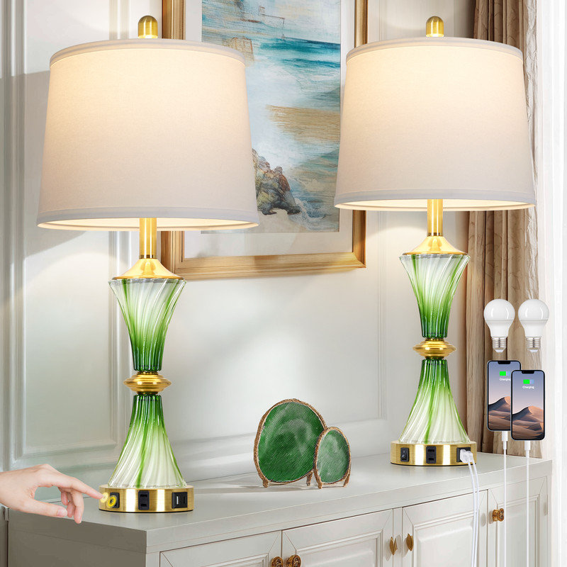 Lampe de table USB en verre 28 po Gracelan, ampoules incluses, Laiton antique / vert