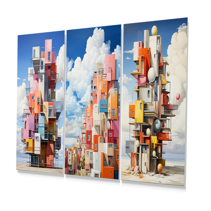 Cubo Condo Tower In Style Of De Stijl - Ensemble de 3 impressions sur hôtels et loges, H 28 po x l 36 po