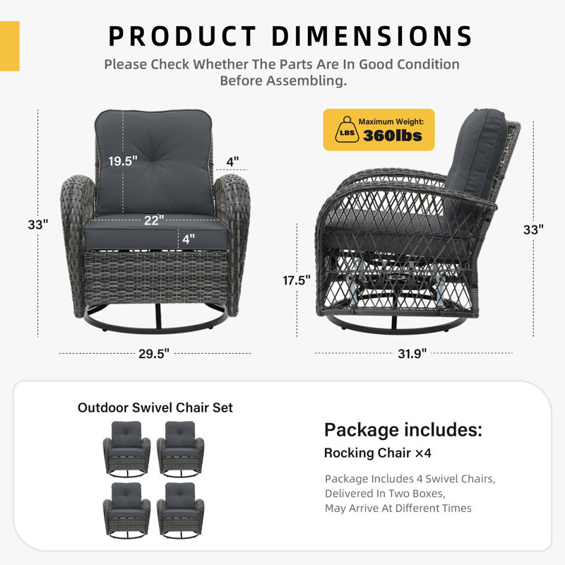  Ensemble de chaises berçantes et pivotantes en osier pour l'extérieur 4 pièces avec coussins, Gris foncé