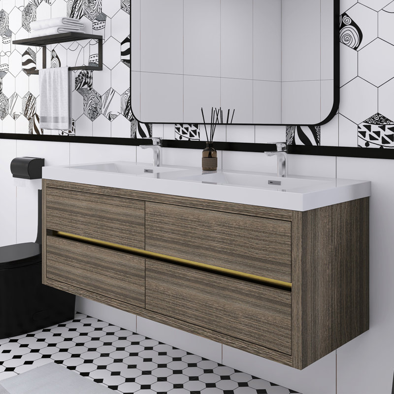 Meuble-lavabo double mural avec comptoir en résine de pierre et tiroirs à fermeture en douceur, 60", Gris cendre