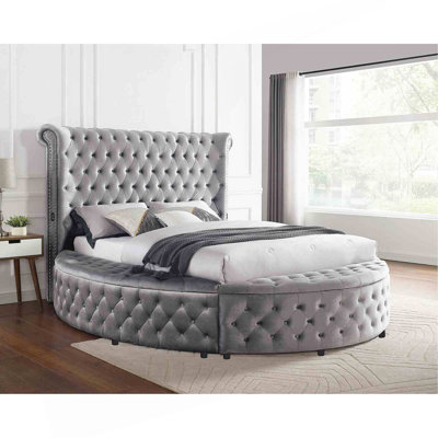 1Pc Unique Round Glam Gray Velvet Like Acrylic Button-Tufted Detailing Storage Bed