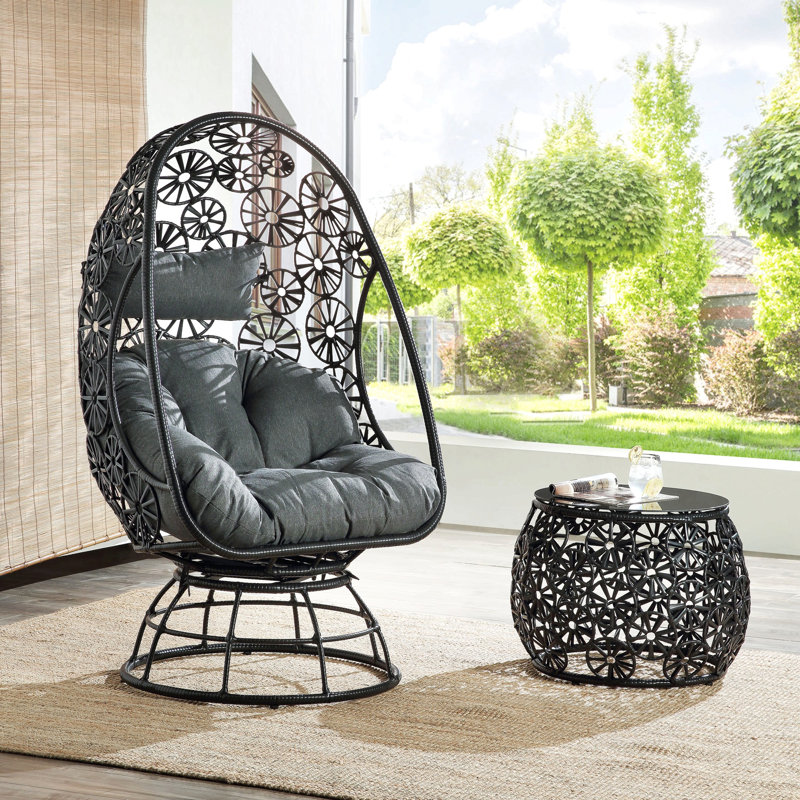 Chaise longue et table d'appoint en verre transparent, tissu gris anthracite et osier Hikre