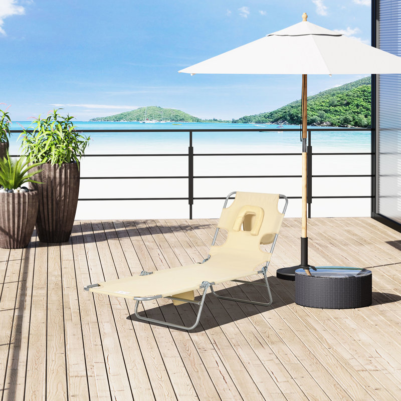 Poolside Reclining Chair With Face Hole, Arm Slots, Pillow And Storage Pocket For Patio, Garden, Beach, Beige Beach Pool Lounge 5-Level Adjustable , Slots