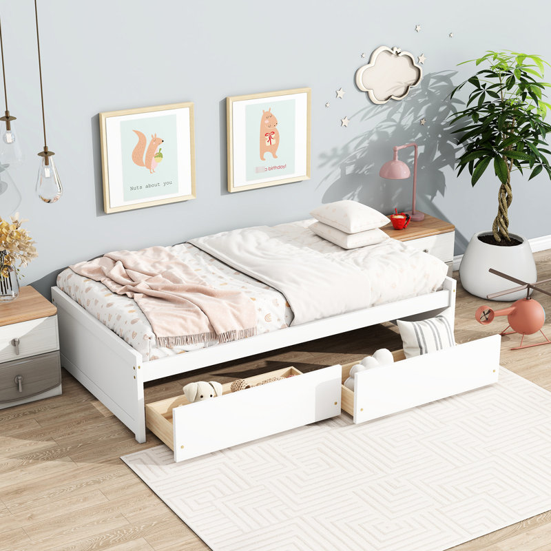 Twin Bed With 2 Drawers, White Rubber Wood, Quiet Drawer Movement, Space - Saving Solution Size Solid Build, Comfortable Resting Surface
