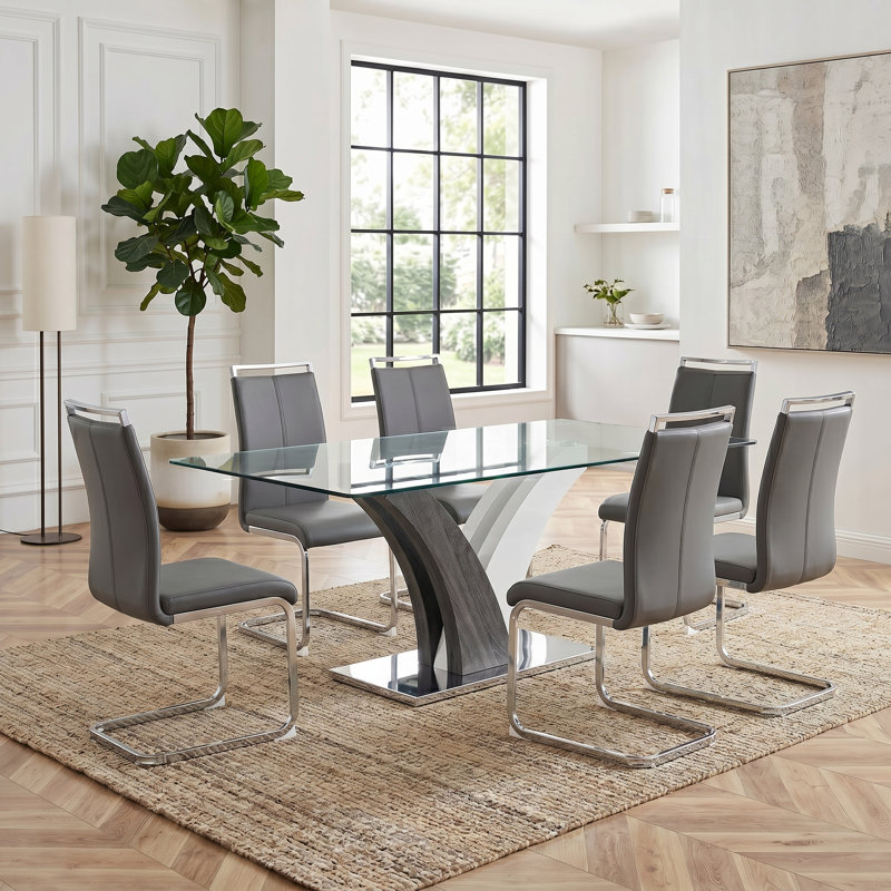 Modern 7-Piece Dining Set with Faux Leather Chairs and Rectangle Tempered Glass Table, Gray