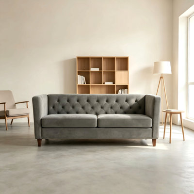Button Tufted Velvet 3-Seater Sofa, Square Arm Upholstered Couch with Tapered Wood Legs, Mid-Century Tufted Large Sofa Furniture for Living Room