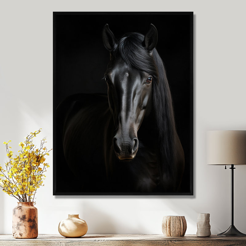 Portrait d'un cheval noir gracieux - cheval, art mural, salon, H 20 po x l 12 po, Toile flottante noire encadrée