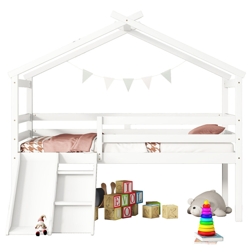 Auvil Twin Low Loft House Bed with Slide, Ladder, Safety Guardrails,, White