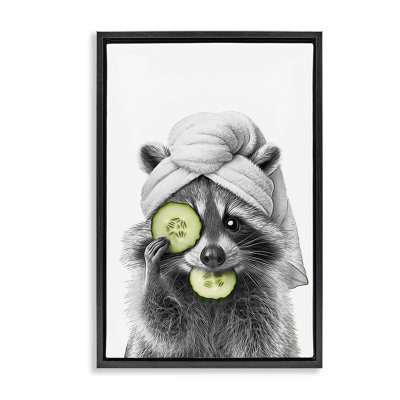«Raccoon Spa Day», toile flottante encadrée noire par Annalisa Latella