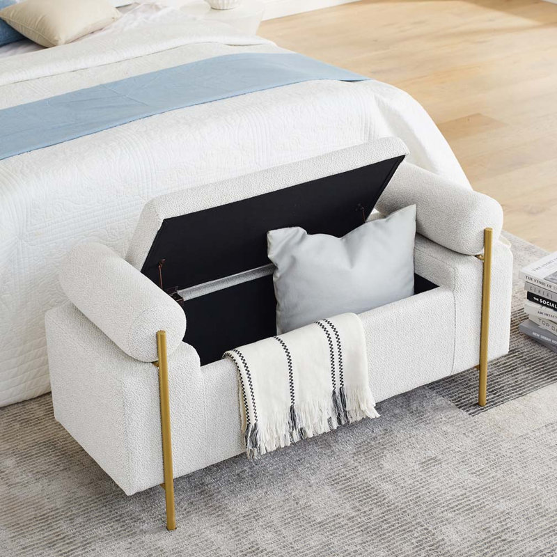 Upholstered Linen Storage Bench with Cylindrical Arms and Iron Legs, White