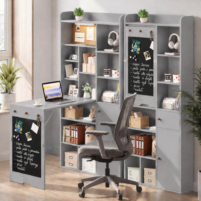 Wall Mounted Folding Desk with Storage Shelves, Magnetic Blackboard, Cork Board & LED Light, Space-Saving Home Office Desk