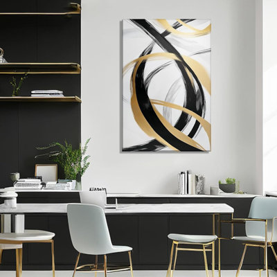Abstract Canvas Wall Art - Black And Gold Line Pictures Gray White Textured Painting Modern Abstract Wall Decor Framed For Living Room Gallery Wrap Ready To Hang(Art-5,24.00X36.00 Inch)