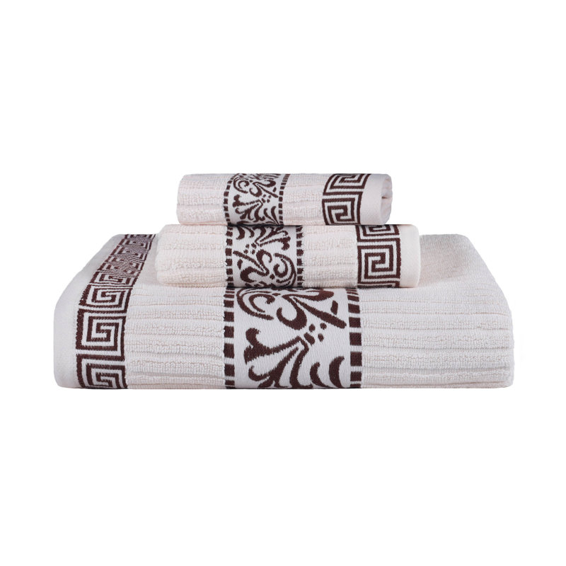 Jiro Athens 100% Cotton Medium Weight Floral Border Assorted Towel Set, Ivory/Chocolate