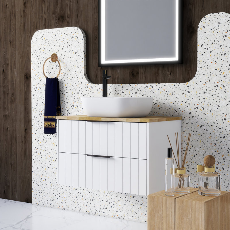 Meuble-lavabo mural 32 po à double tiroir, armoire blanche + plateau en bois massif naturel, lavabo carré en céramique, design minimaliste moderne, alliant fonctionnalité et style