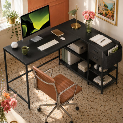 55" Modern L-Shaped Executive Desk, Home Office Corner Computer Writing Desk Study Table Workstation with Open Shelves, 2 Drawers and Fabric Organizer