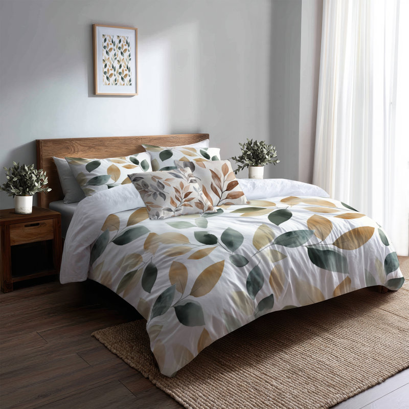 Ensemble de literie 5 pièces Floral - Ensemble de housse de couette et coussin décoratif Brown Drift Leaves