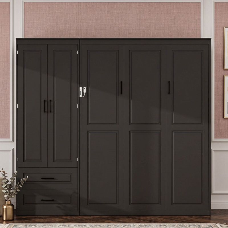 Grand lit escamotable mural avec garde-robe de rangement, tiroirs de rangement et tête de lit tapissier, Black