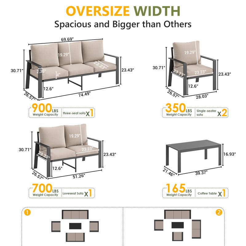 7-Person Sofa Seating Group With Coffee Table, Beige Cushion/Gray Frame