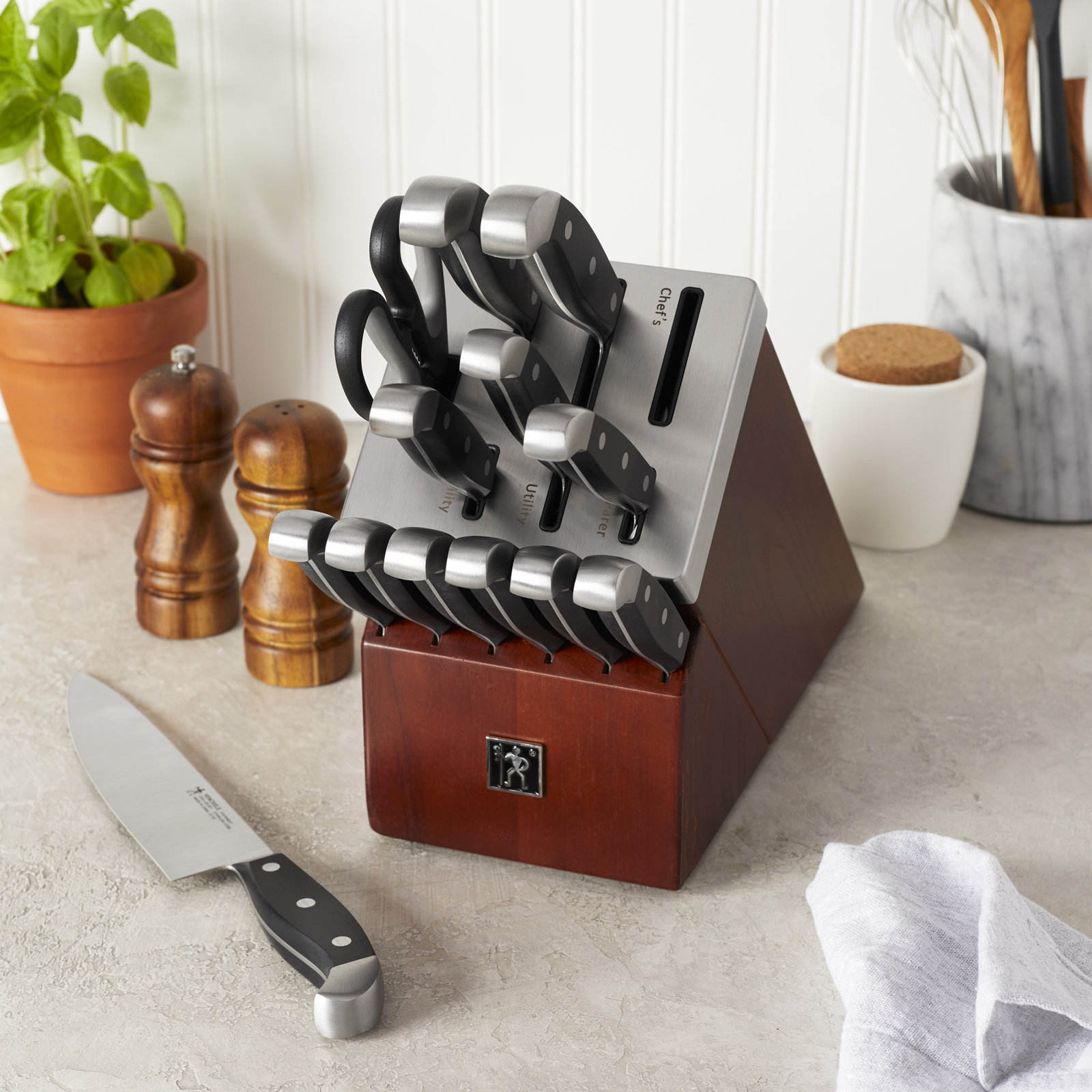 HENCKELS Statement Self-Sharpening Knife Set with Block, Chef Knife, Paring Knife, Bread Knife, Steak Knife, 14-piece, Dark Brown, Stainless Steel