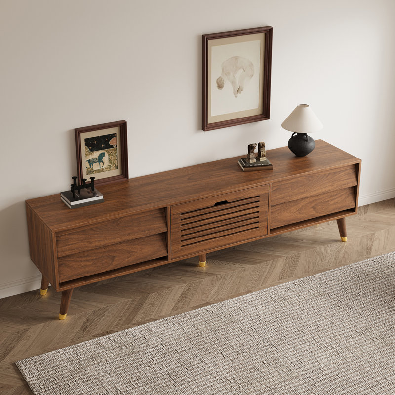 71" Mid-Century Modern TV Stand, Walnut Veneer MDF Media Console with Ample Storage
