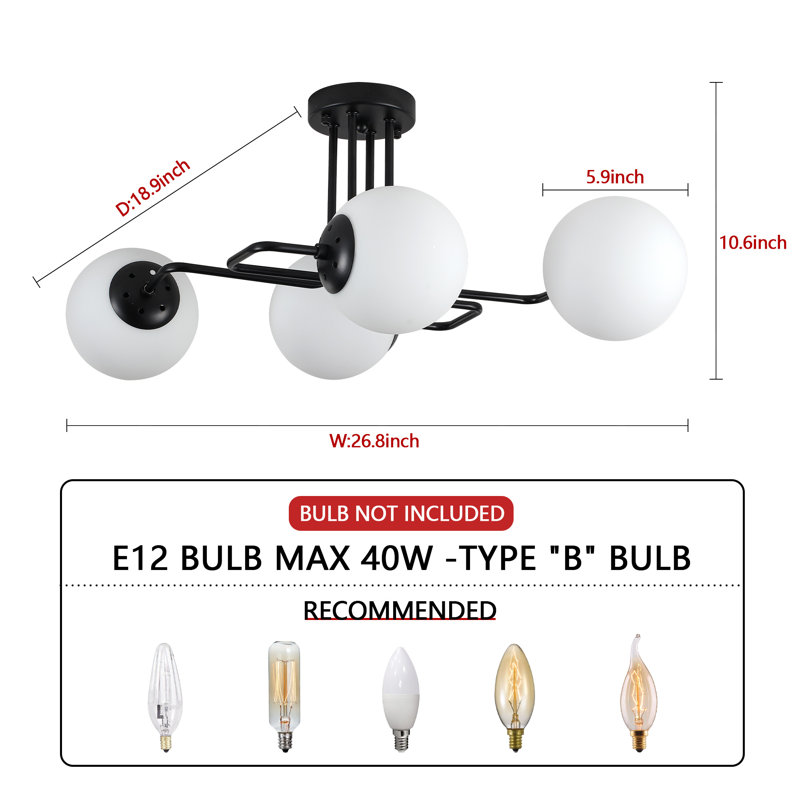 4-Light Sputnik Modern Linear Semi Flush Mount, 10.6" H x 26.8" W x 18.9" D, 4