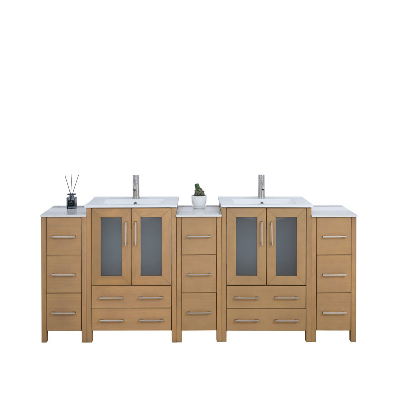  Framed 84" Double Bathroom Vanity Set, Natural Oak