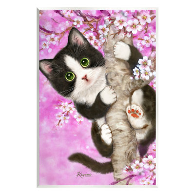 Chaton et fleurs de cerisier sur bois par Kayomi Harai
