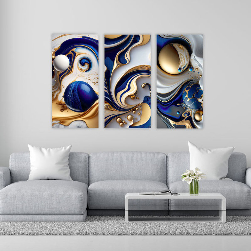 «Blue and Gold», reproduction d'art acrylique sur toile 3 pièces, Encadrement doré, H 48 po x l 24 po x P 1 po