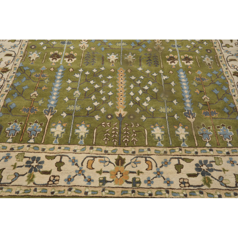 Tapis traditionnel en laine artisanal vert, Rectangulaire 8 pi x 10 pi