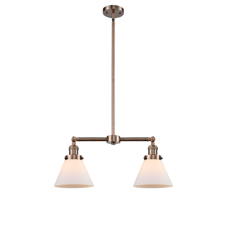 Luminaire suspendu conique pour îlot de cuisine 2 lumières Callahan, Boîtier blanc mat, Cuivre antique
