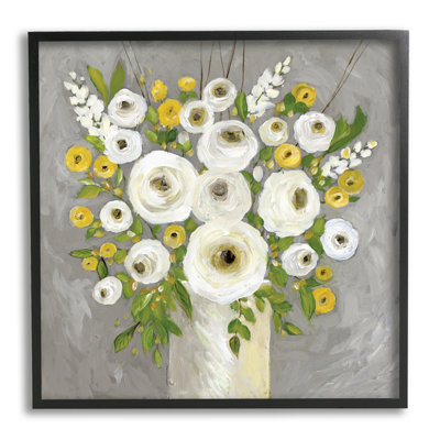 Abstrait, bouquet de fleurs de renoncule, fleurs de campagne jaunes et blanches, encadré et estampe numérique par Stephanie Workman Marrott