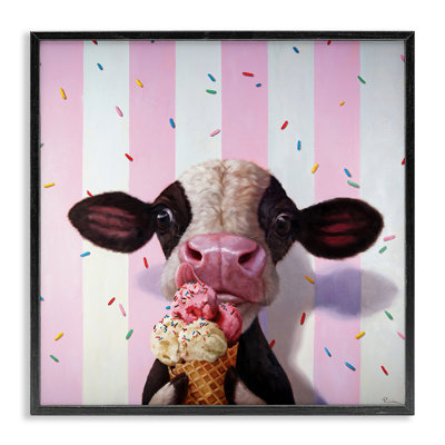 Mignonne petite vache avec un cône de crème glacée à rayures roses par Lucia Heffernan - impression