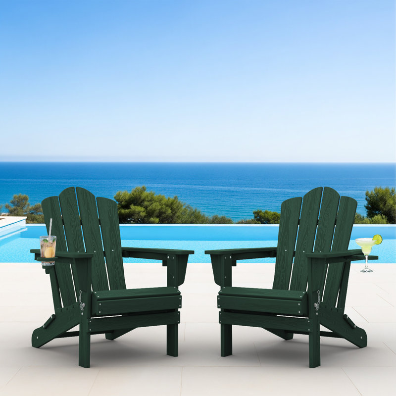 Ayanda HDPE Folding Adirondack Chair With Dual Cup Holder(Set Of 2), Dark Green
