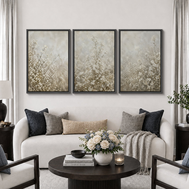 Paysage hivernal de fleurs sauvages aux tons neutres, tableau pour salon, impression giclée sur toile encadrée en 3 parties - 3 pièces de 40,6 x 61 cm et 3 pièces de 61 x 91,4 cm