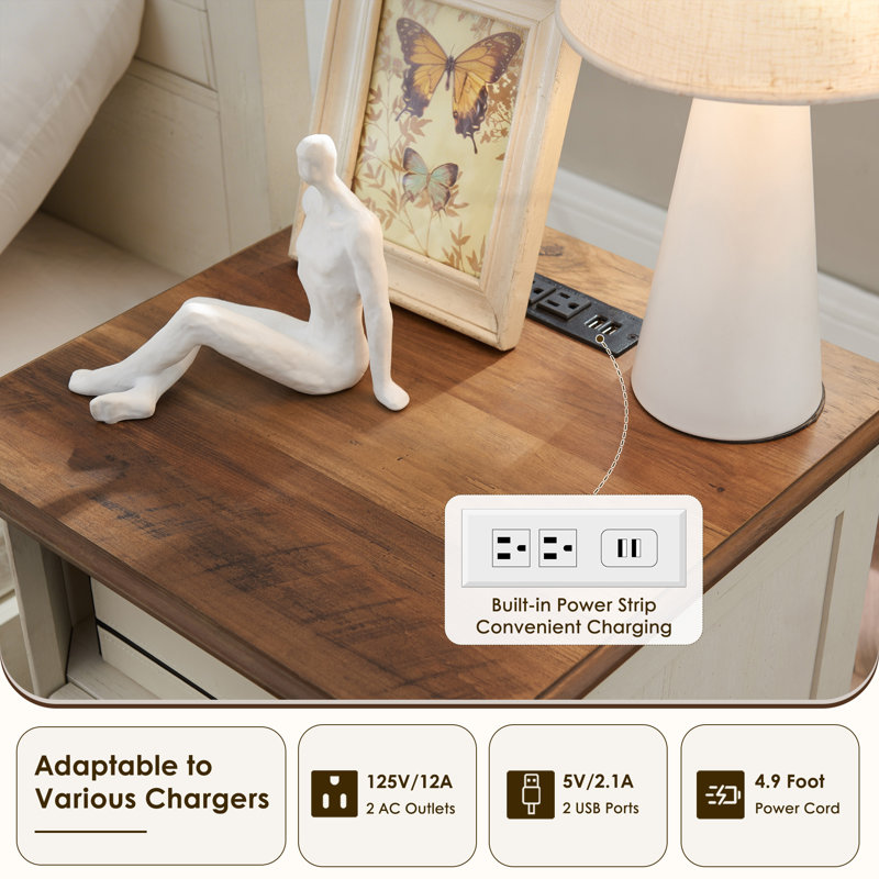 2 - Drawers Modern Wood Nightstand With Charging Station,Bed Side Table With Open Storage For Bedroom And Built-In Outlets