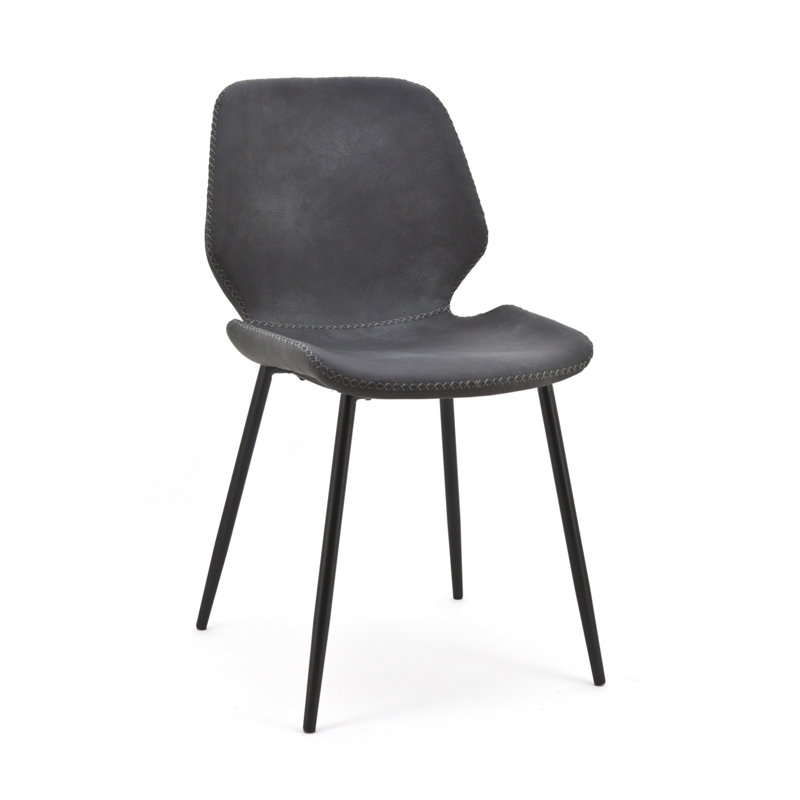 Black Leather Upholstered Midcentury Metal Side Chair