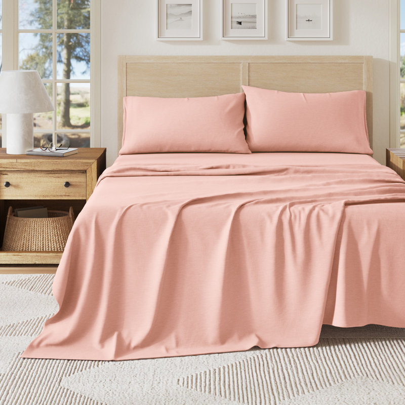 Ensemble de draps en jersey de coton chiné ultra doux, Rosé, Double avec 2 taies d'oreiller
